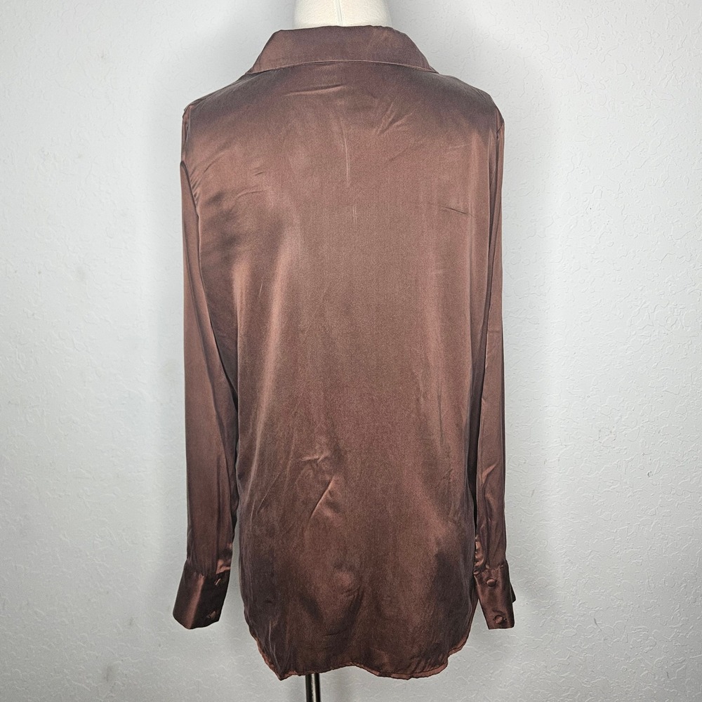 Joie Silk Button Front Blouse Copper Brown Long Sleeve Notched Collar Washable M - Picture 7 of 9